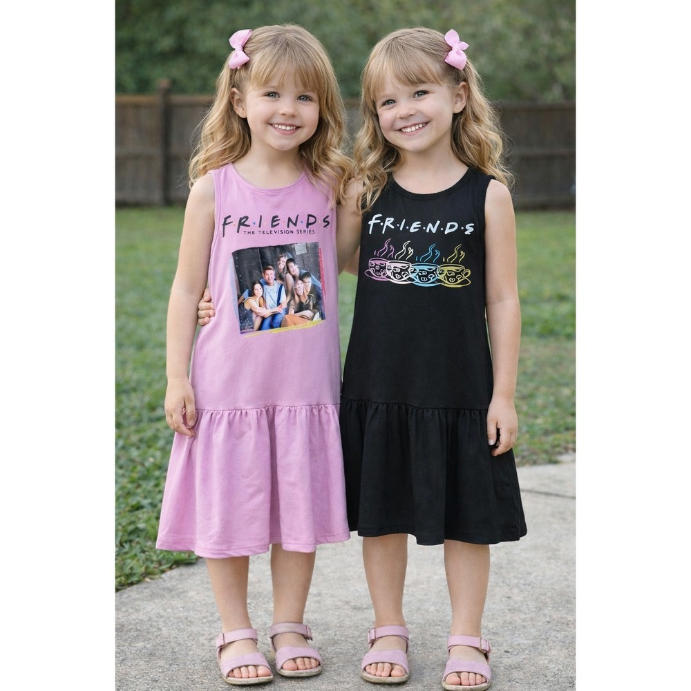 Friends Dresses Girls Size Medium Black Pink Sleeveless Lot Of 2 Graphic Print